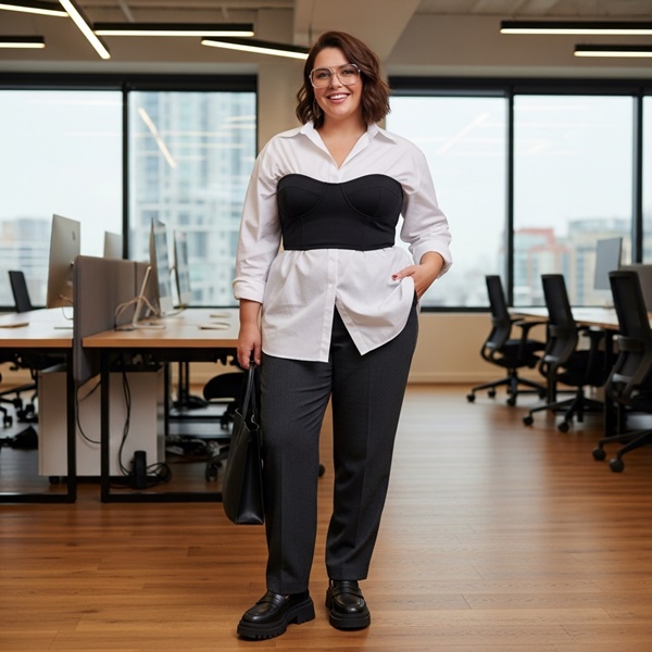 corset tipo bustier sobre camisa oversize estilo layering