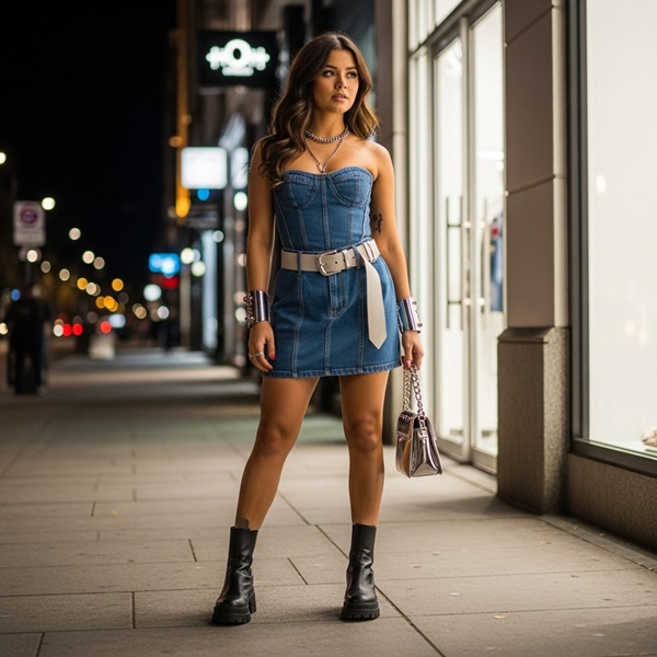 corset denim con falda mini o pantalón cargo estilo Y2K