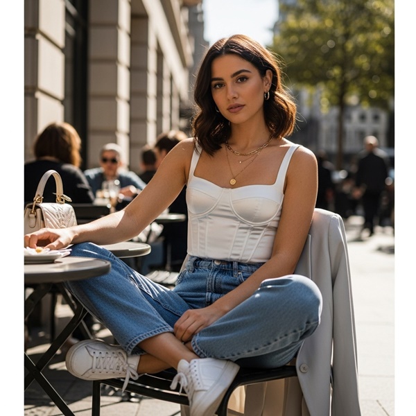 look casual con corset satinado y jeans rectos