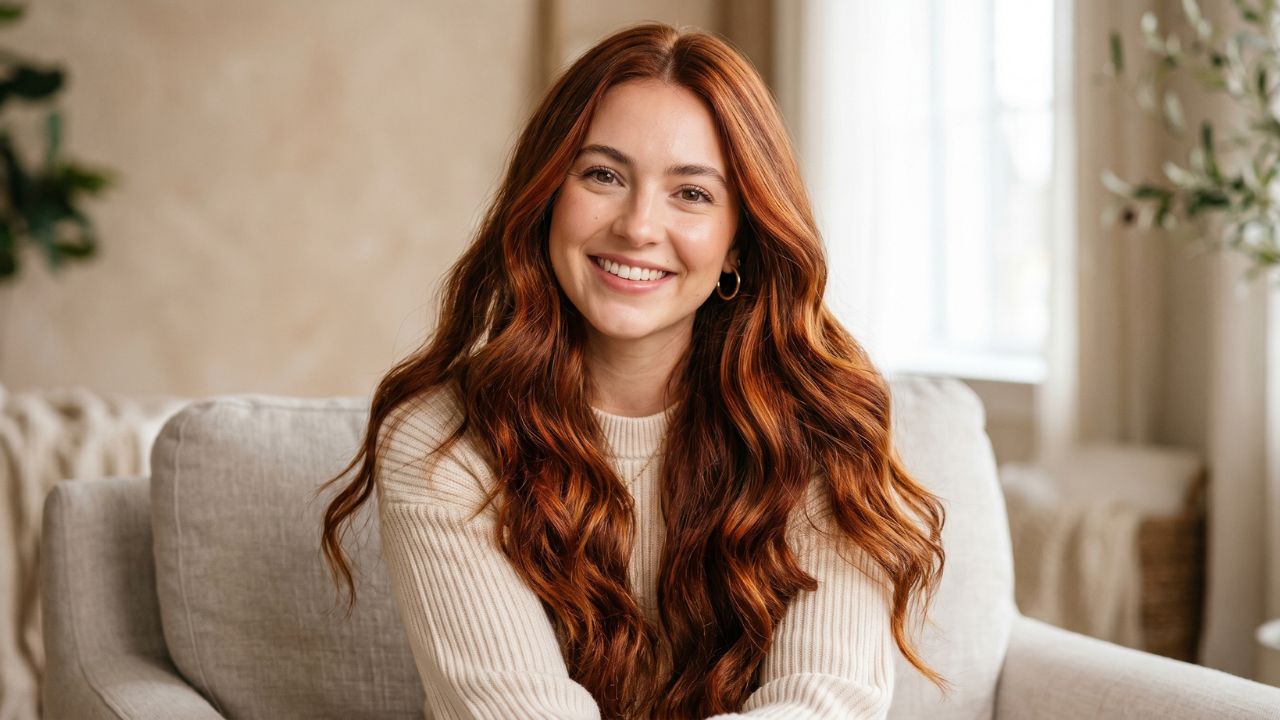 Mujer con cabello brillante teñido con henna mostrando un color natural y saludable