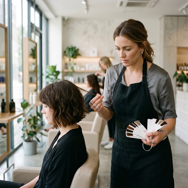 Especialista revisando un mechón de cabello antes de aplicar coloración