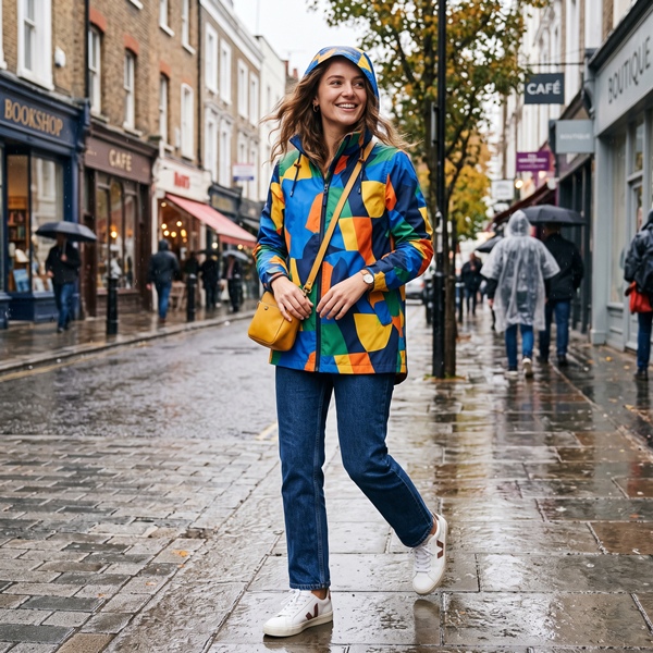 Mujer con impermeable ligero y moderno para un look de temporada de lluvias