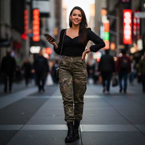 Pantalones cargo con estampado militar combinados con básicos neutros en un outfit urbano
