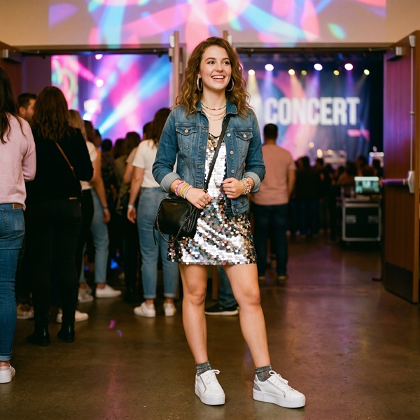 Outfit para concierto pop con vestido brillante y accesorios llamativos