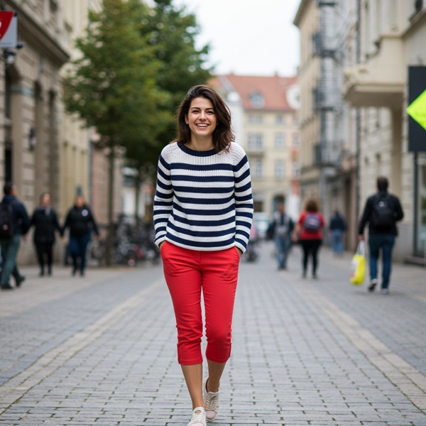Suéter a rayas azul y blanco combinado con pantalones capri rojos estilo marinero.