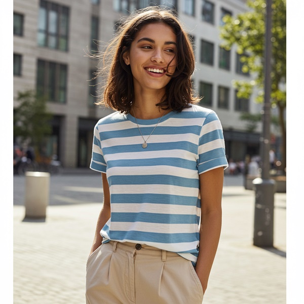 Camiseta navy de rayas azul y blanco con pantalones beige amplios estilo náutico casual.