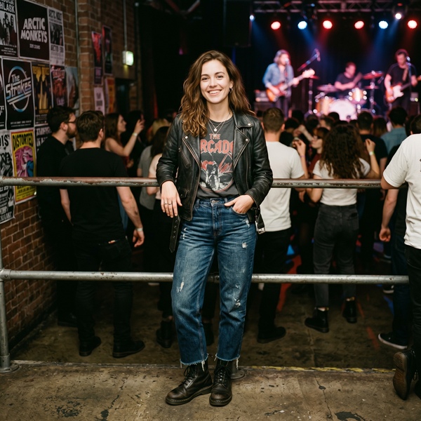 Outfit rock para concierto con chamarra de cuero, jeans y botas