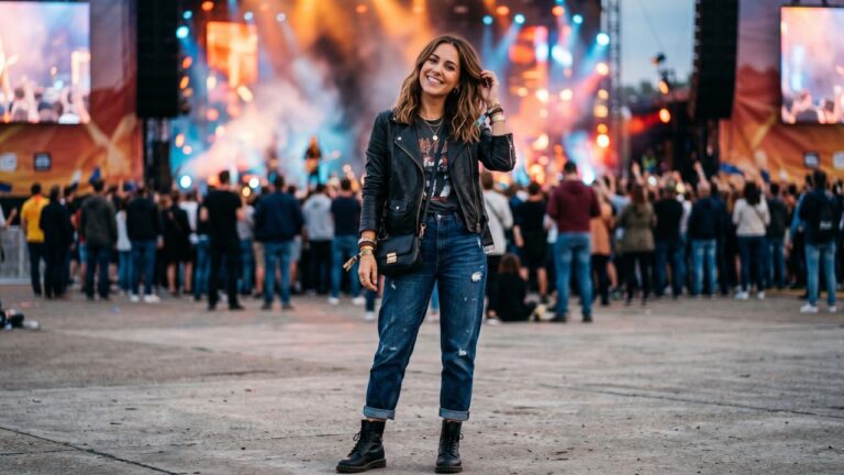 Mujer con look moderno y cómodo para asistir a un concierto de música