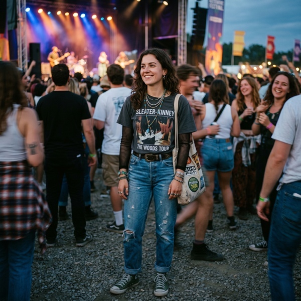 Look indie para concierto con jeans, camisa de cuadros y accesorios