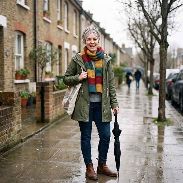 Pañuelo estampado y bufanda como accesorios para complementar looks de lluvia
