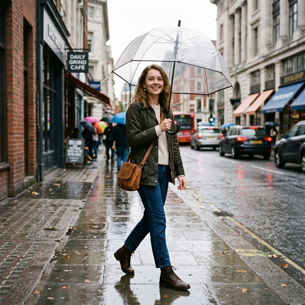 Paraguas de moda transparente combinado con un look casual para la temporada de lluvias