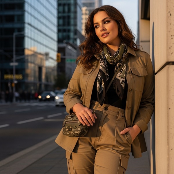 Outfit militar color caqui con camisa oversize y cinturón en look elegante