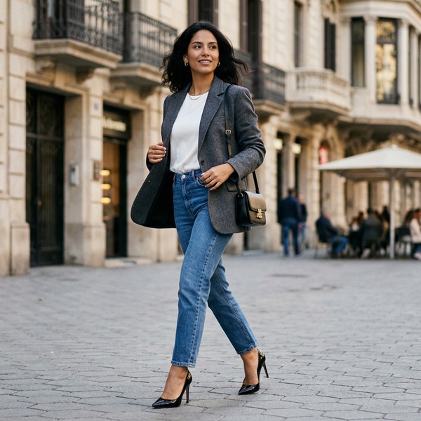 Tacones stiletto con jeans rectos y blazer en look casual chic 2026