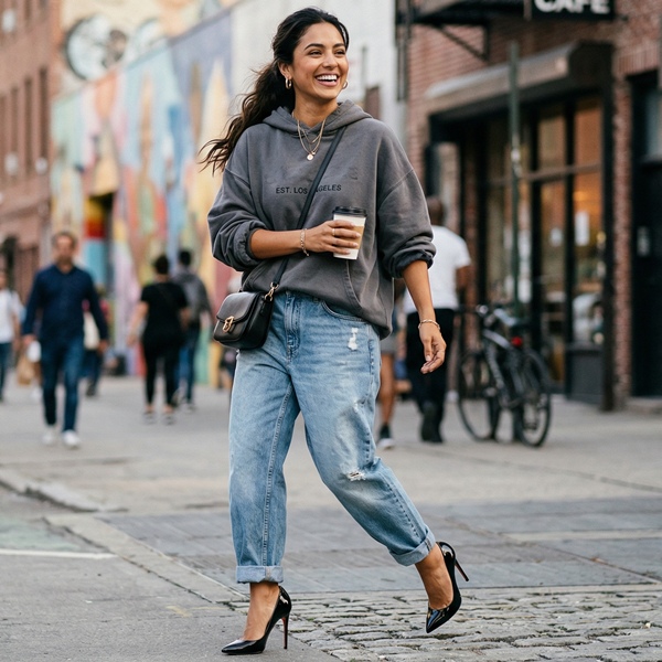 Outfit relajado oversized con tacones stiletto tendencia 2026