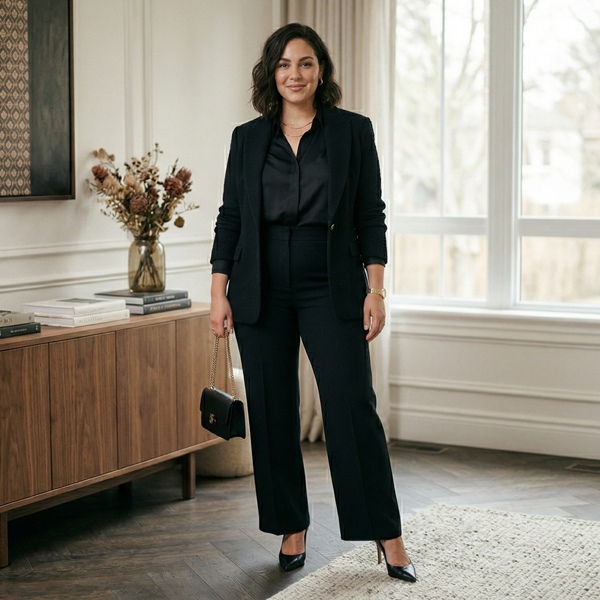 Look total black con tacones stiletto negros elegante y minimalista