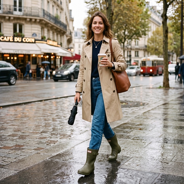 Mujer usando trench coat clásico como prenda ideal para la temporada de lluvias