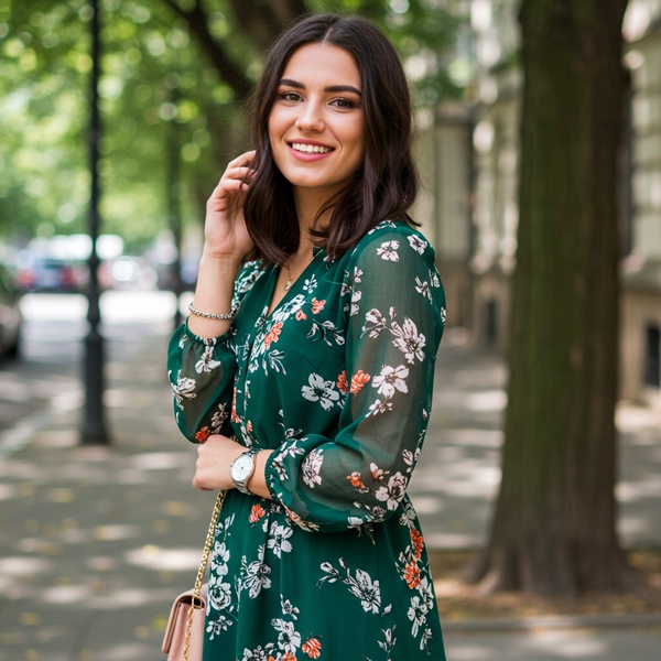 Look con vestido color verde esmeralda con estampado floral