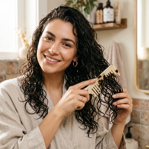 Cabello rizado húmedo siendo desenredado con peine de dientes anchos