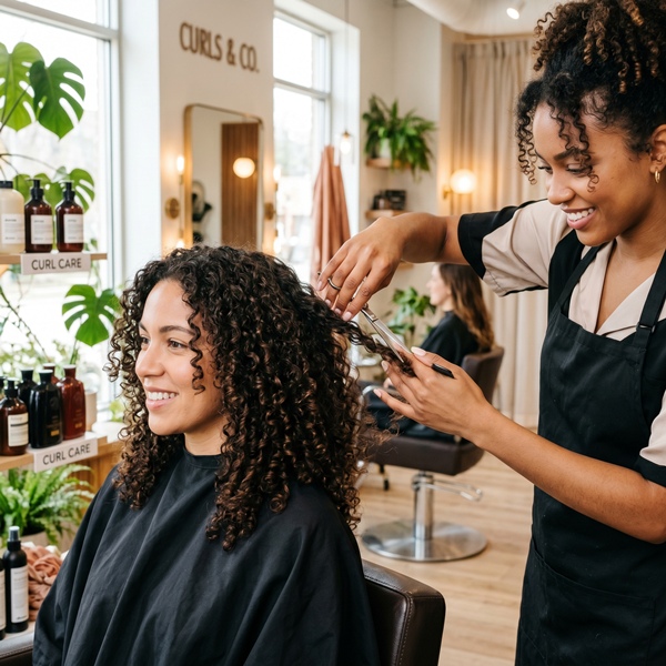 Estilista realizando corte de mantenimiento en cabello rizado