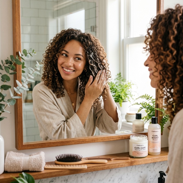 Mujer aplicando mascarilla hidratante en cabello rizado