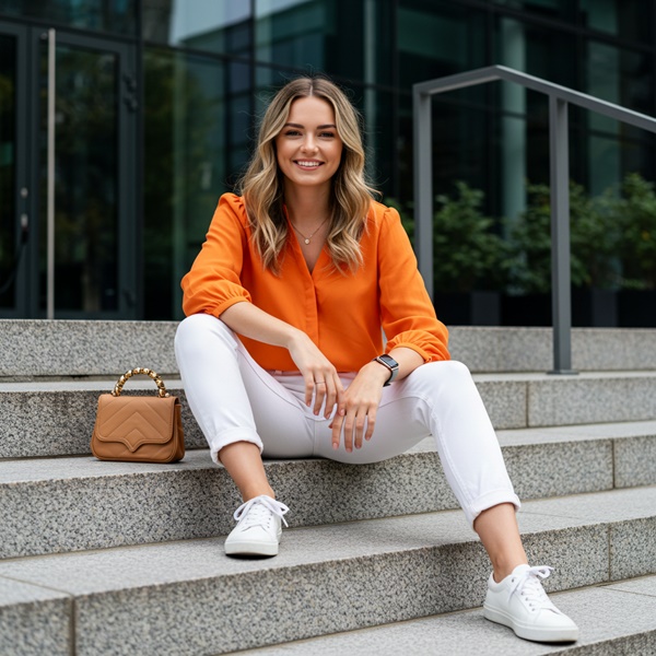 look en colores blanco y naranja