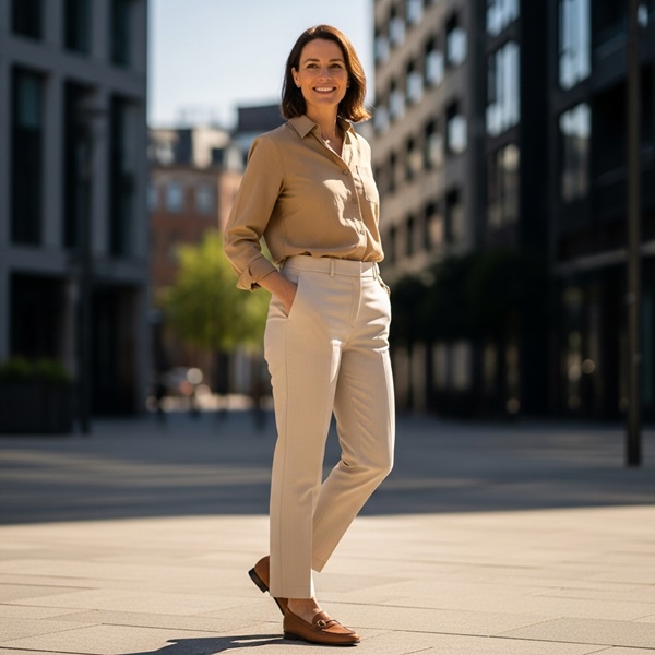 Look de oficina con tonos tierra elegante y cómodo