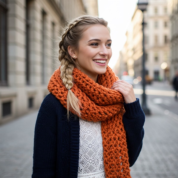 Look delicado con bufanda de punto grueso y blusa de encaje