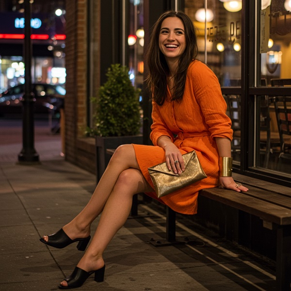 look nocturno con vestido naranja y accesorios metálicos