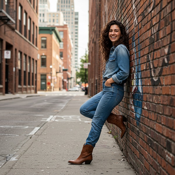 Look con jeans, camisa de mezclilla y botas cowboy o vaqueras