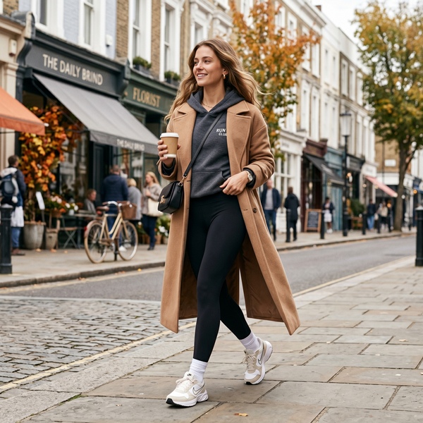 Mujer usando sudadera y abrigo para crear un look deportivo con capas