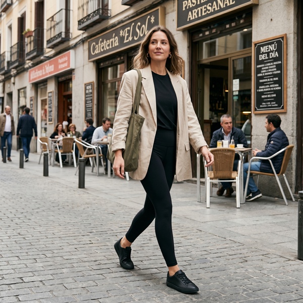 Mujer combinando leggings deportivos con blazer para un look casual moderno