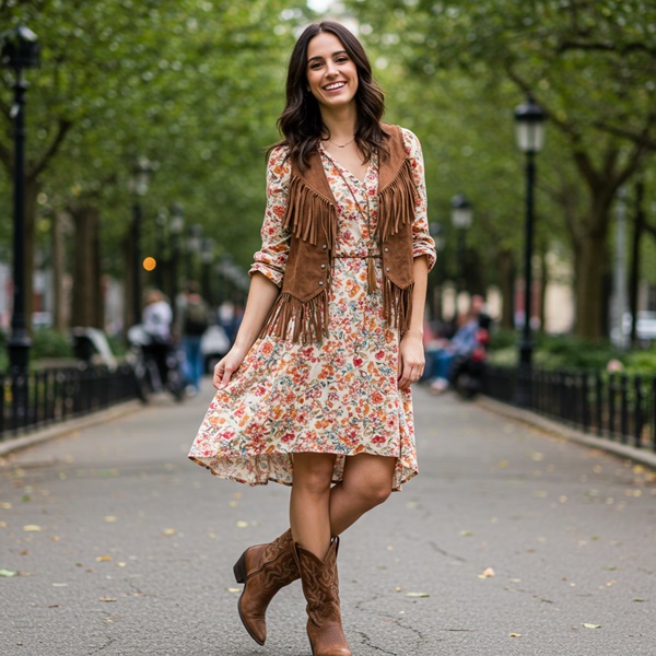 Look bohemio con vestido fluido de flores, chaleco de flecos y botas cowboy o botas vaquera