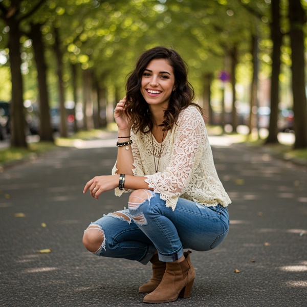Look boho con ripped jeans y blusa de encaje