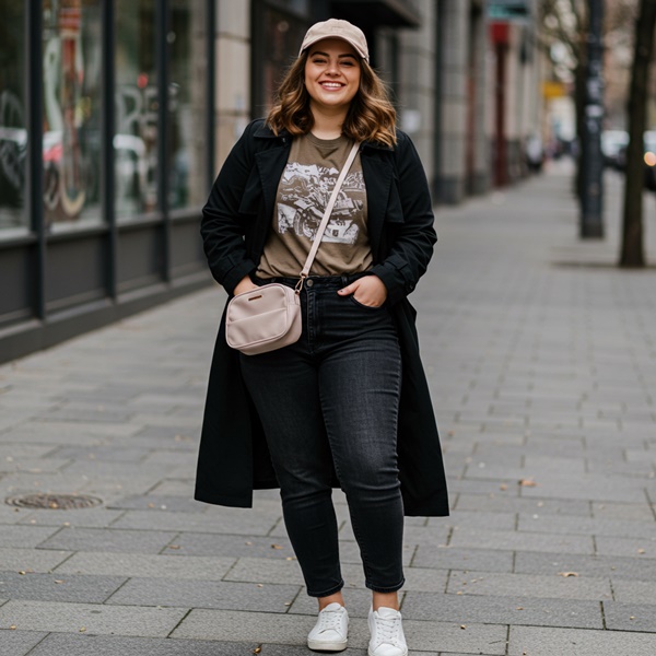 Look urbano con trench coat negro y jeans
