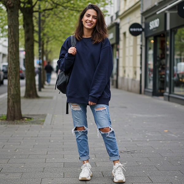Look deportivo con ripped jeans y sudadera oversize