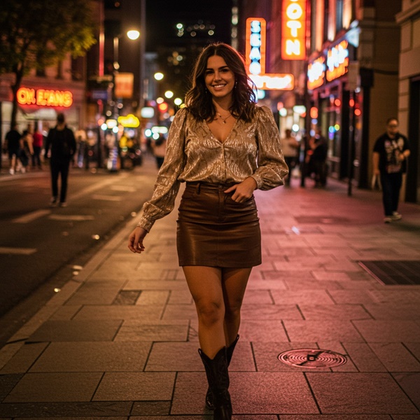 Look glam con falda de cuero, blusa elegante y botas vaquera o cowboy