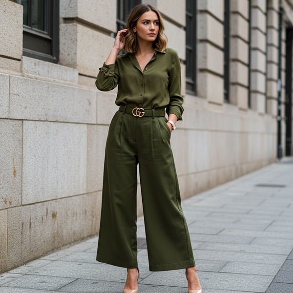 Look monocromático con ropa de color verde oliva