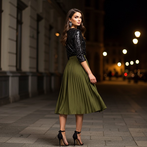Look sofisticado nocturno con falda plisada color verde oliva y top negro