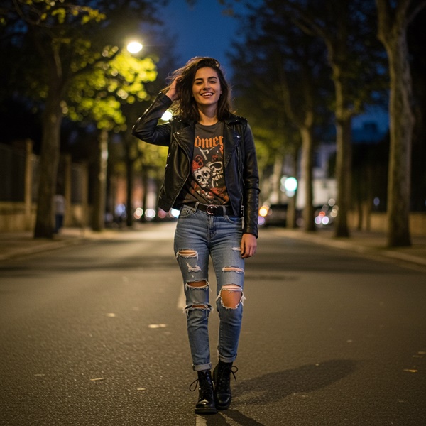 Look rockero con ripped jeans y chamarra de cuero