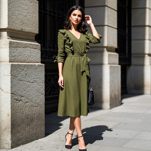 Look femenino y actual con vestido color verde oliva