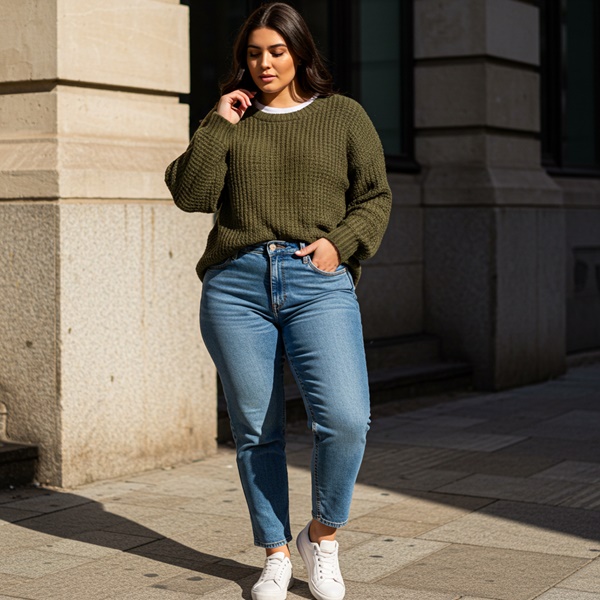 Suéter verde oliva y jeans para crear un look casual y urbano