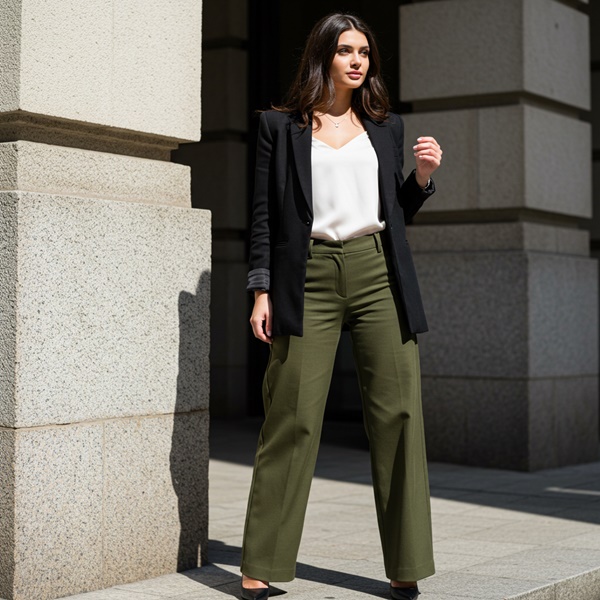 Look profesional con pantalón verde oliva y blazer negro