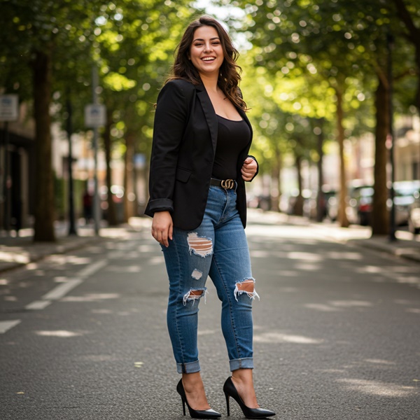 Outfit urbano con ripped jeans, tacones y blazer 