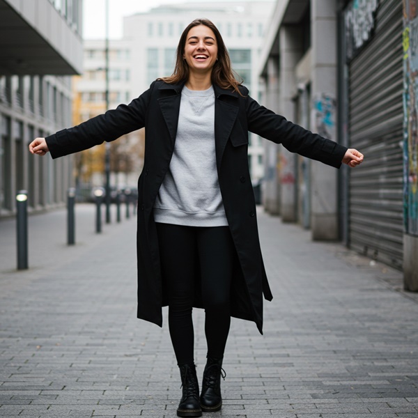 Combina tu trench coat negro con leggins y botas