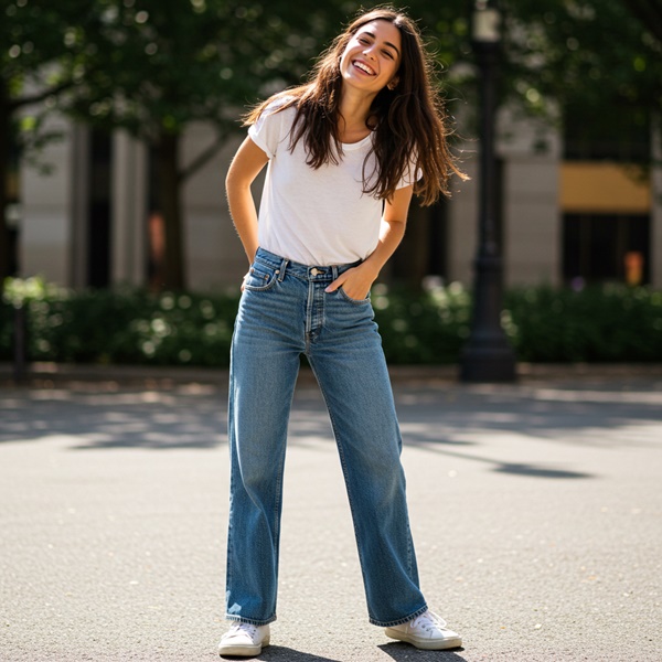 Look casual con pantalón wide leg y camiseta básica