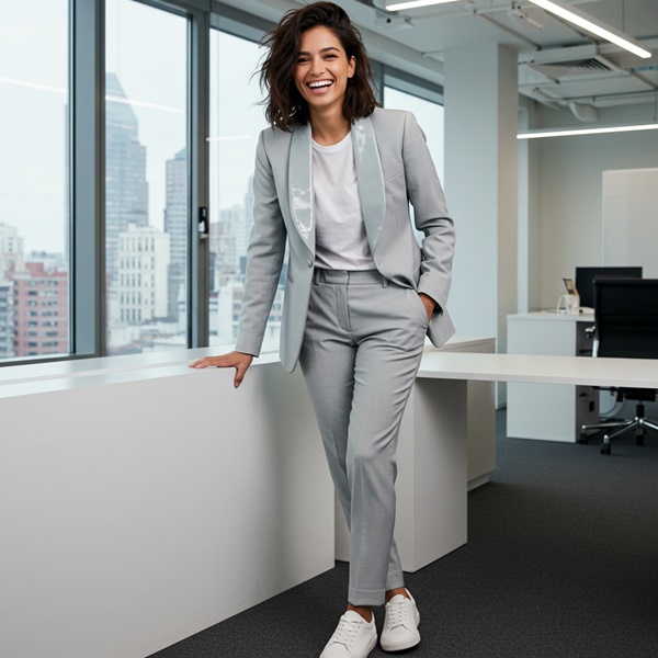 Look profesional con un smoking para mujer color gris