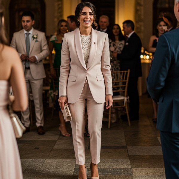 Look elegante de invitada de boda con un smoking para mujer color rosa 
