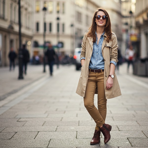 Look casual con trench coat clásico y camisa
