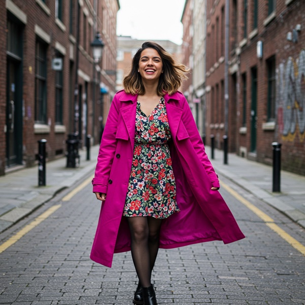 Look bohemio con trench coat rosa y vestido florar