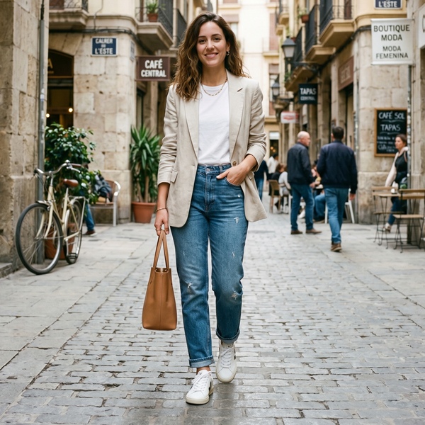 Mujer con blazer ligero combinado con jeans para un estilo casual elegante